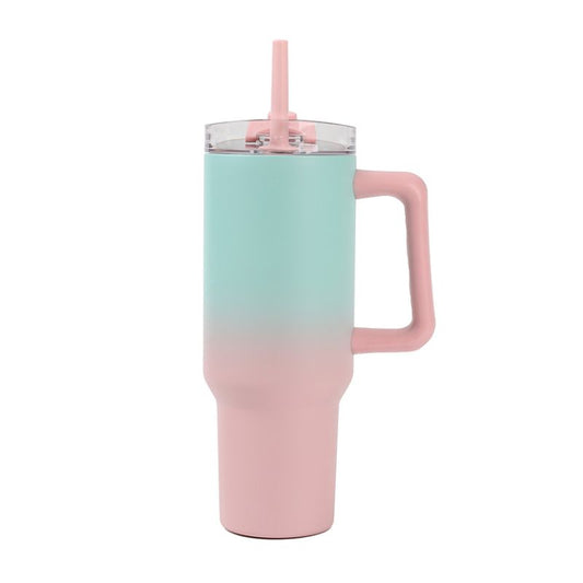 Travel Mug térmica de 1200 ml iDrink em tons verde água e rosa, vista de frente